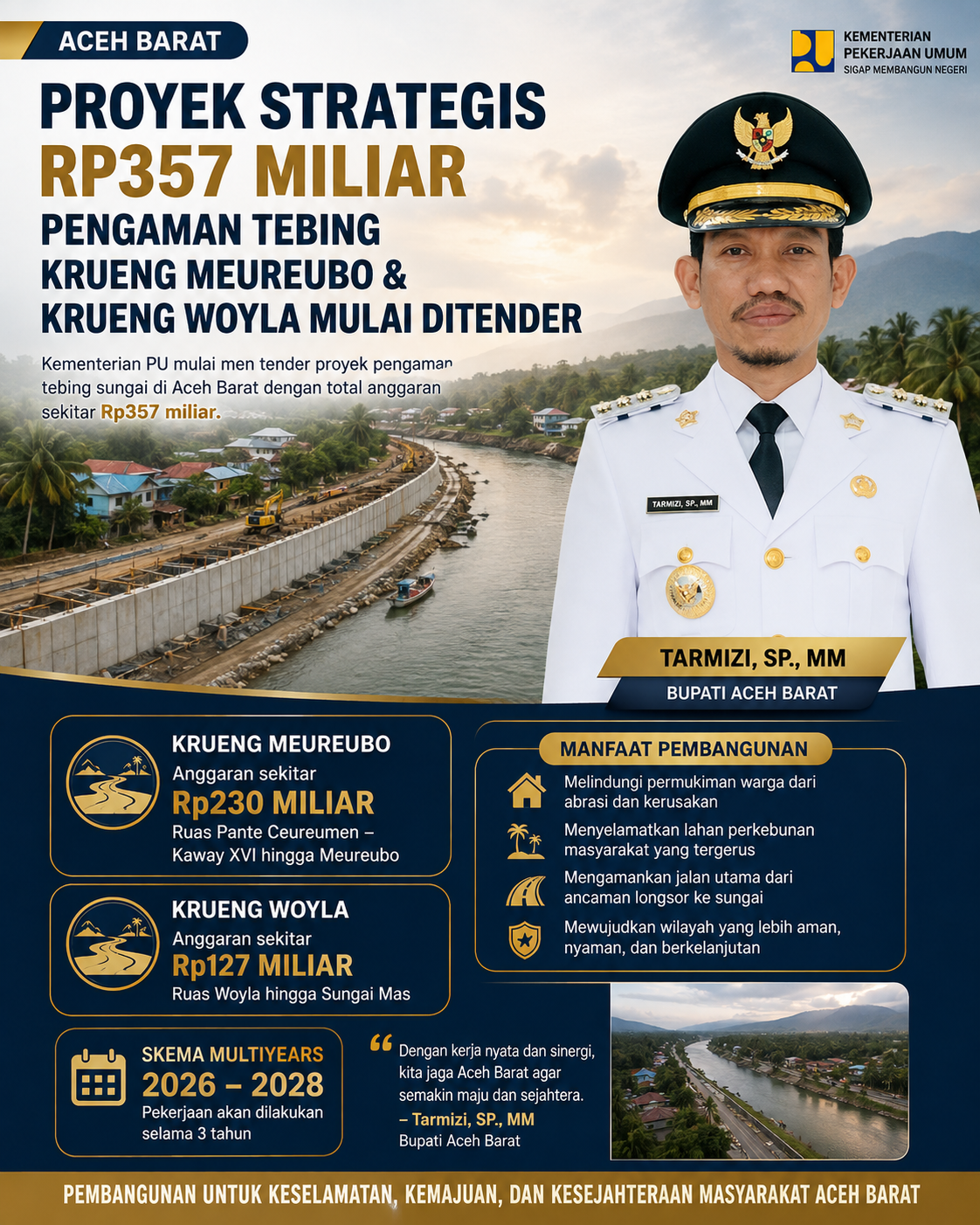 Proyek Rp357 Miliar Pengaman Tebing Krueng Meureubo dan Krueng Woyla Mulai Ditender