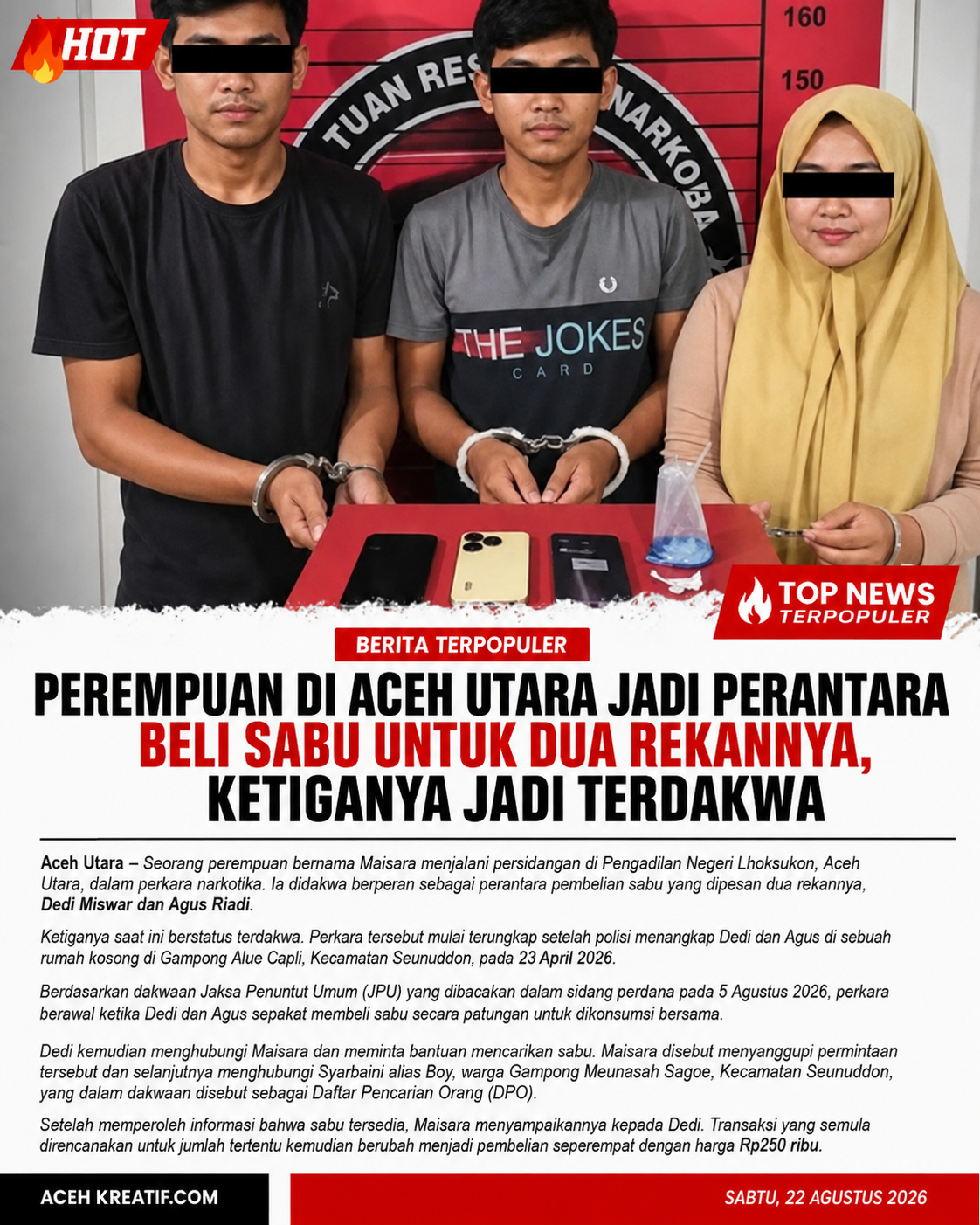 Perempuan Aceh Utara Didakwa Jadi Perantara Beli Sabu, Kini Duduk sebagai Terdakwa