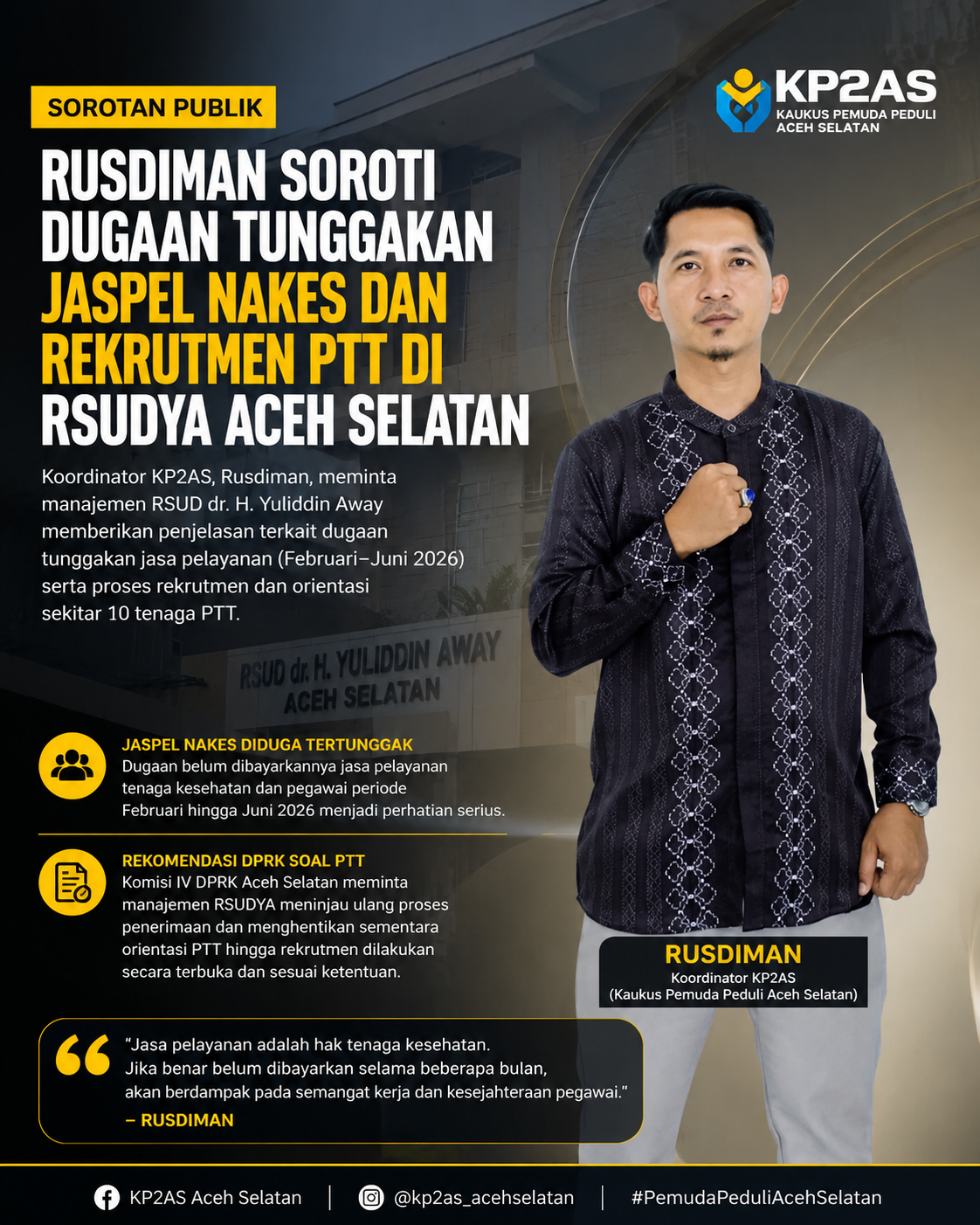 Jaspel Nakes Diduga Tertunggak, Rekrutmen PTT RSUDYA Aceh Selatan Kembali Disorot