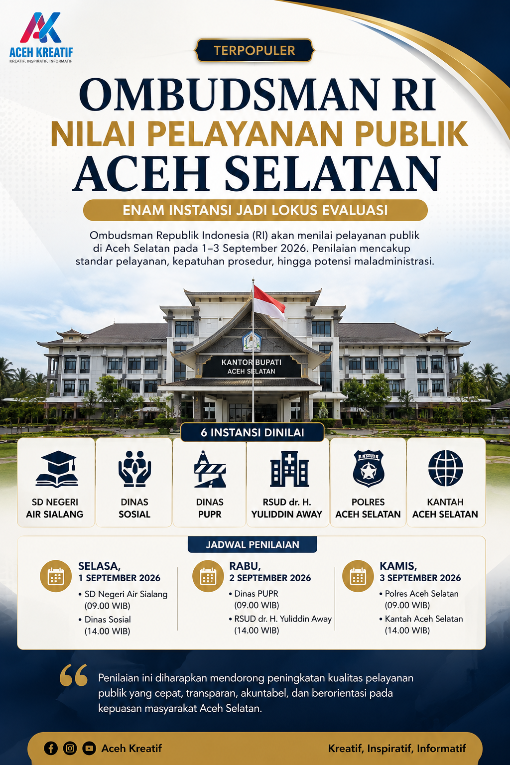 Ombudsman RI Nilai Pelayanan Publik Aceh Selatan, Enam Instansi Jadi Sorotan